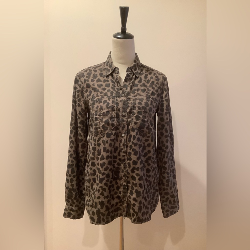 Express Boyfriend Animal Print Snap Buttons Brown/Black Shirt, XS
